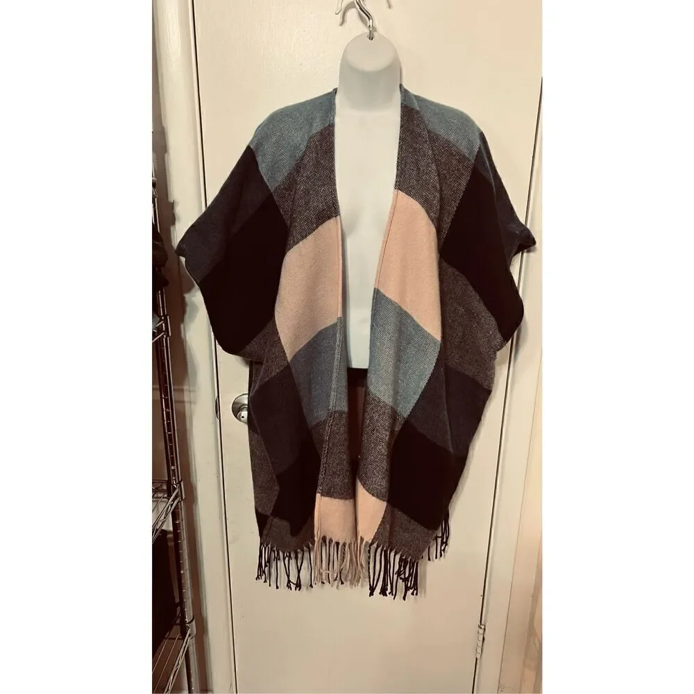 Ann Taylor Loft Pink Gray Blue Plaid Poncho Shawl Wrap One SIze